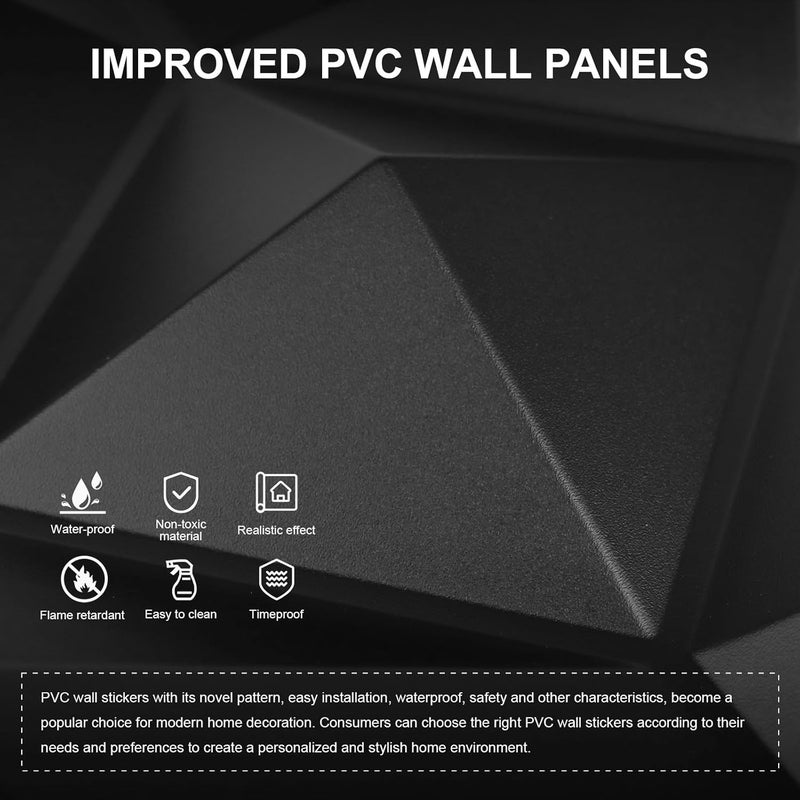 Greymond ألواح حائط ثلاثية الأبعاد سوداء من PVC، عبوة 33 قطعة بحجم 11.8''x11.8'' بتصميم هندسي لترقية ديكور المنزل العصري، بلاط مزخرف وقابل للدهان لغرفة المعيشة، الردهة، غرفة النوم، الفندق، المكتب - Image 3